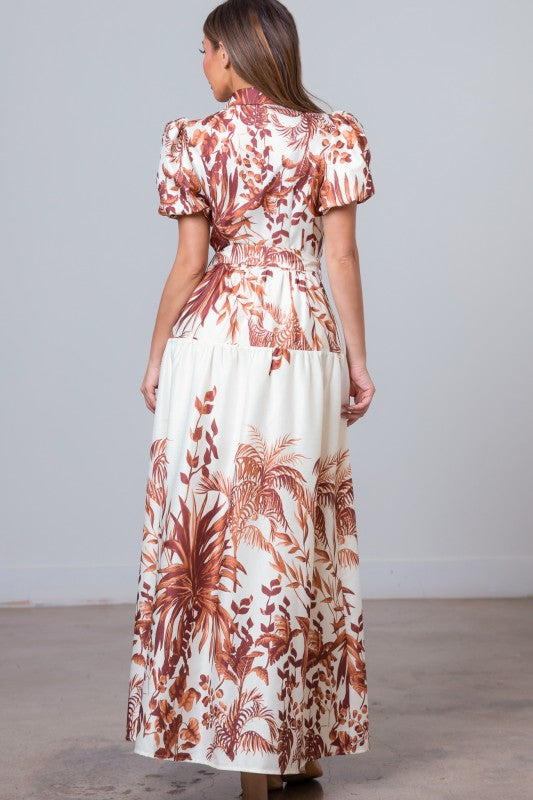 LEAF PRINT TIERED MAXI DRESS