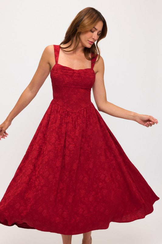 FLOWER JACQUARD PLEATED BUST MIDI DRESS