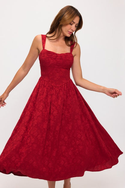FLOWER JACQUARD PLEATED BUST MIDI DRESS