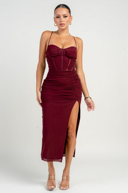 CORSET STRAPPING DETAIL FRONT SLIT MAXI DRESS