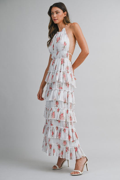 PRINTED FLORAL TIERED MIDI SUMMER DRESS