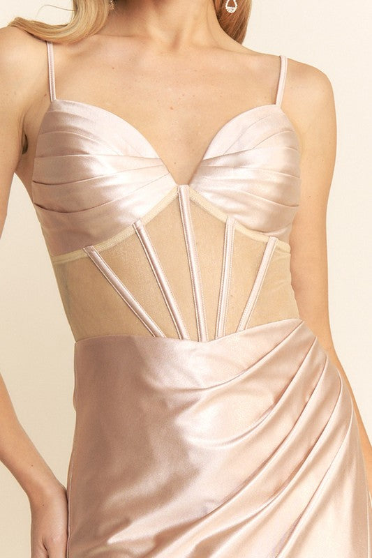 MESH CORSET BODICE MAXI SATIN COCKTAIL DRESS