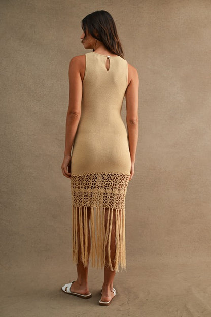 CROCHET FRINGE HEM KNIT MIDI DRESS