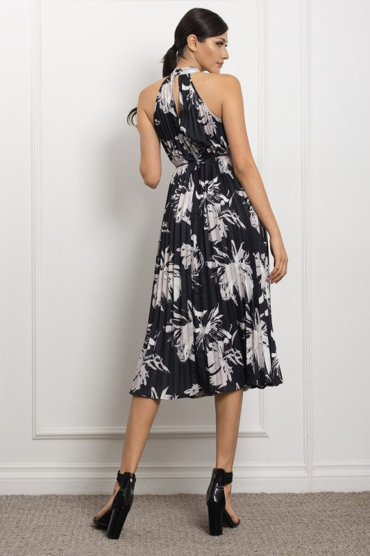 PRINTED HALTER NECK PLEATED MIDI DRESS