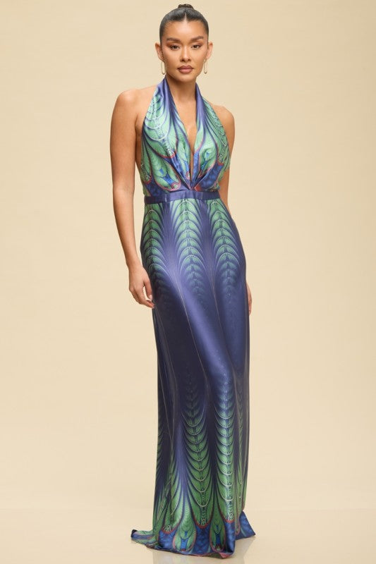 HALTER SATIN PRINTED MAXI SUMMER DRESS