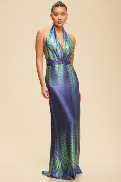 HALTER SATIN PRINTED MAXI SUMMER DRESS