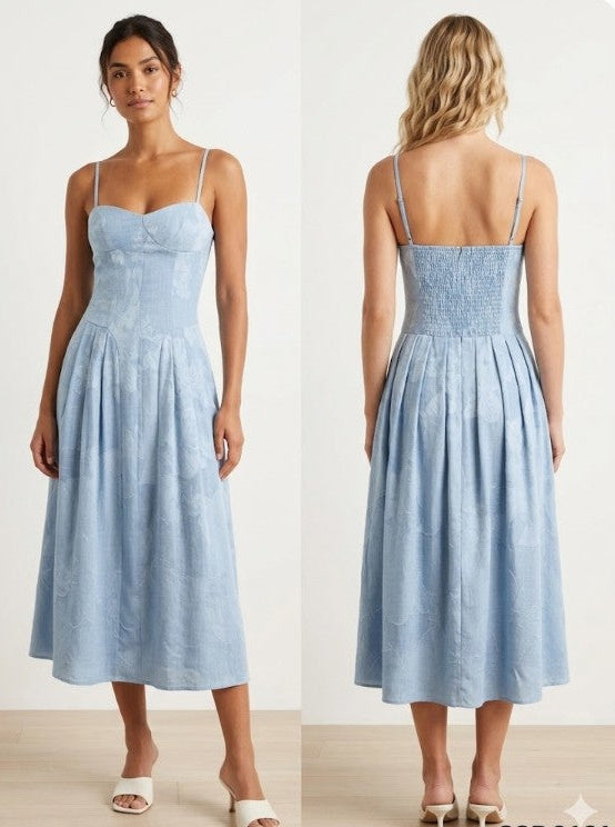 FLOWER TEXTURED CHAMBRAY MIDI DRESS