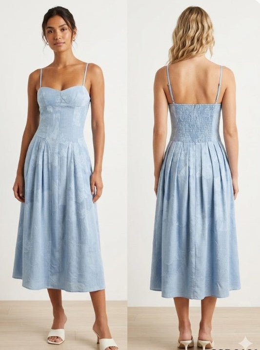 FLOWER TEXTURED CHAMBRAY MIDI DRESS