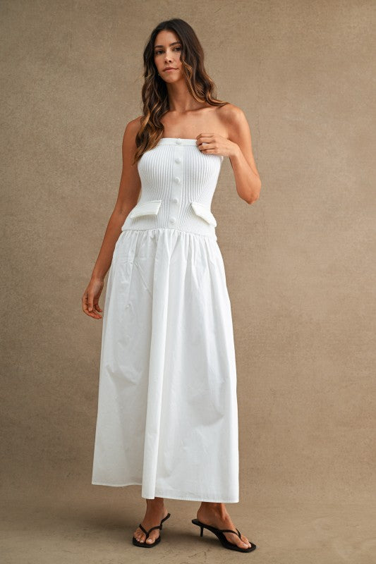 STRAPLESS RIBBED KNIT BODICE POPLIN MIX MAXI DRESS