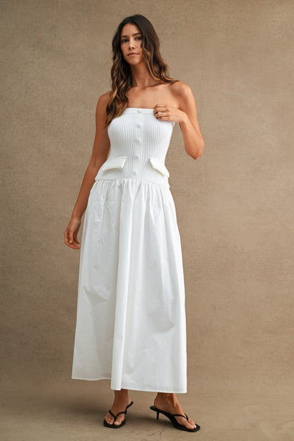 STRAPLESS RIBBED KNIT BODICE POPLIN MIX MAXI DRESS