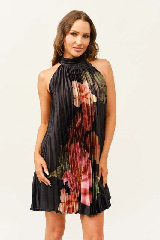 PLEATED HALTER FLORAL MINI DRESS