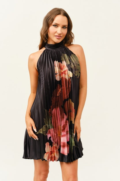 PLEATED HALTER FLORAL MINI DRESS