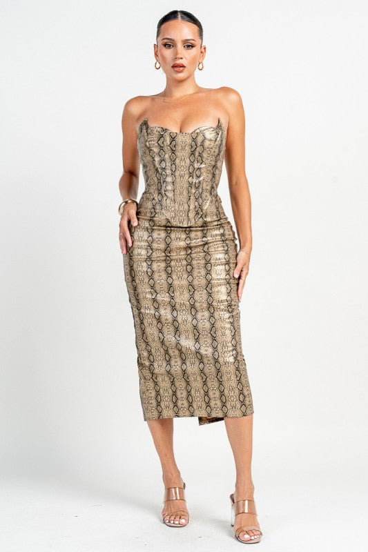 STRAPLESS PEEKABOO CORSET SNAKE SKIN MIDI DRESS