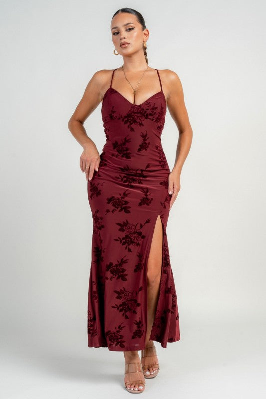 BUSTIER SPAGHETTI STRAP LACE UP FRONT SLIT MAXI DRESS