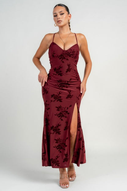 BUSTIER SPAGHETTI STRAP LACE UP FRONT SLIT MAXI DRESS