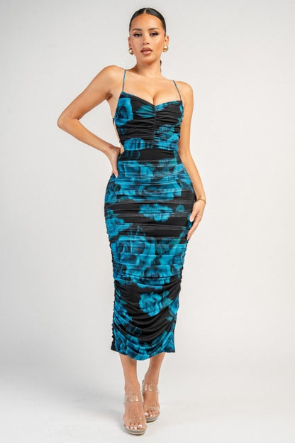 LACE UP BACK RUCHED MIDI DRESS