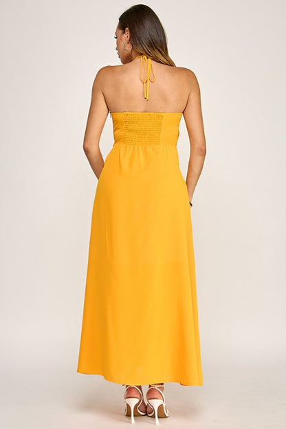 HALTER NECK MAXI DRESS WITH GOLD METAL TRIMS