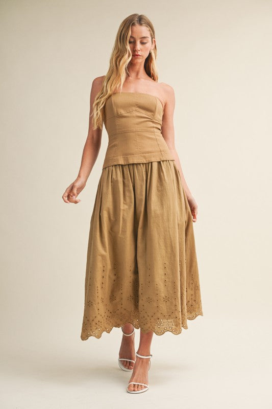 STRAPLESS EYELET SCALLOP HEM TWOFER MIDI DRESS