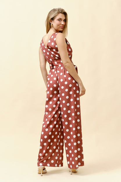 SLEEVELESS POLKA DOT BELTED WIDE LEG JUMPSUIT