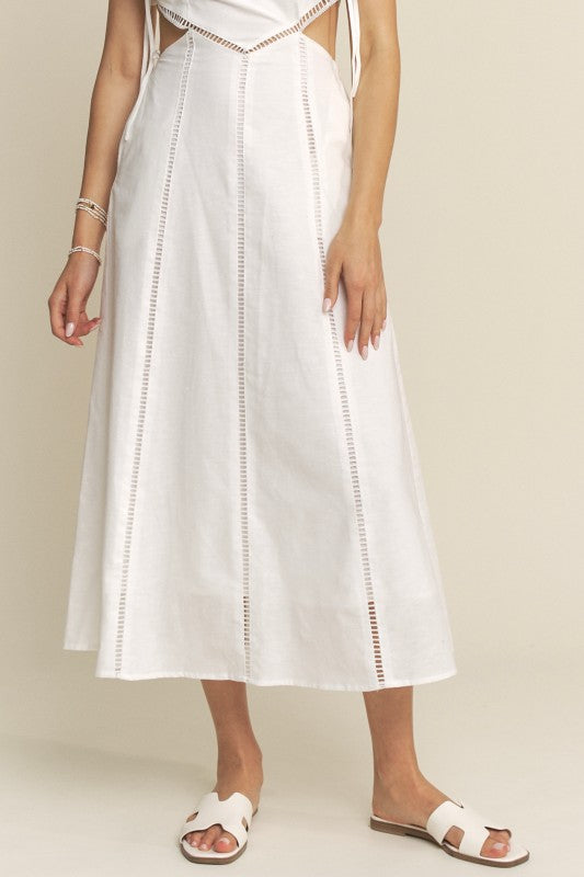 SIDE CUTOUT TIE FINISH LACE TRIM MAXI DRESS