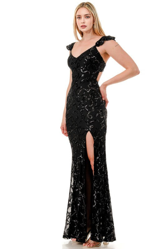 SEQUIN RIBBON RUFFLED MERMAID MAXI COCKTAIL DRESS