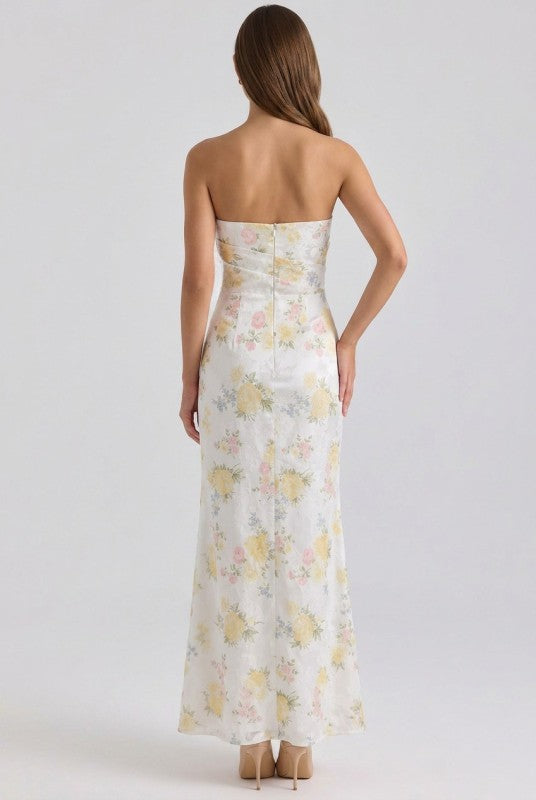 PRINTED JACQUARD PLEATED BODICE DETAIL MERMAID MAXI DRESS