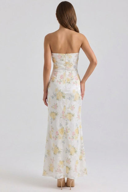 PRINTED JACQUARD PLEATED BODICE DETAIL MERMAID MAXI DRESS