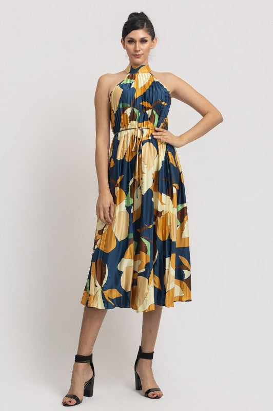 PRINTED PLEATED HALTER NECK MIDI DRESS