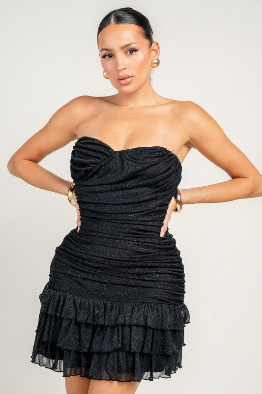 TUBE RUSHED TOP W RUFFLED SKIRT MINI DRESS
