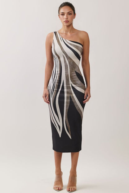 ABSTRACT ONE SHOULDER TUBE MIDI DRESS
