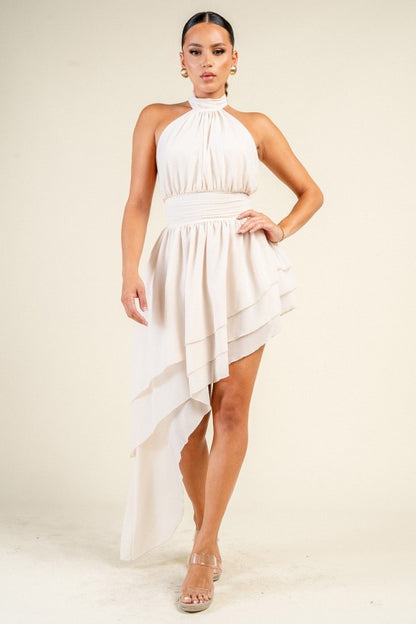 CHIFFON HALTER NECK ASYMMETRIC MINI DRESS