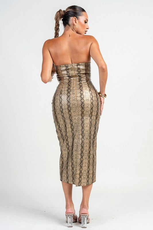 STRAPLESS PEEKABOO CORSET SNAKE SKIN MIDI DRESS