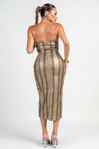 STRAPLESS PEEKABOO CORSET SNAKE SKIN MIDI DRESS