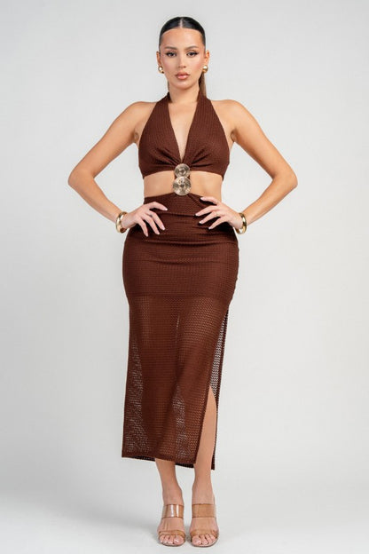 MIDI HALTER NECK DRESS WITH GOLD TRIM