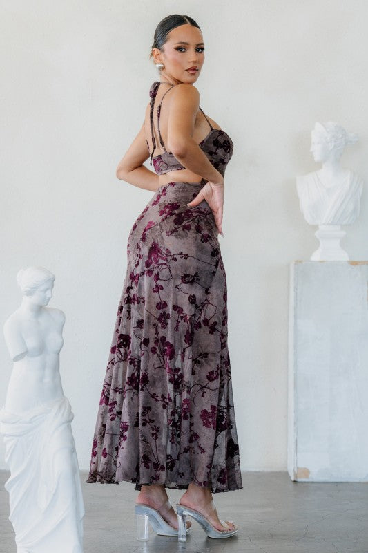 MESH FLOCKING MAXI PRINTED DRESS
