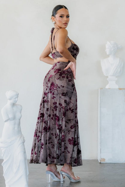 MESH FLOCKING MAXI PRINTED DRESS