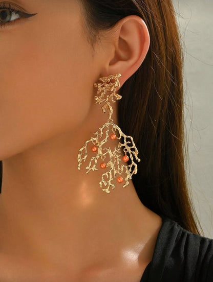 FAUX PEARL EMBEDDED CORAL EARRINGS