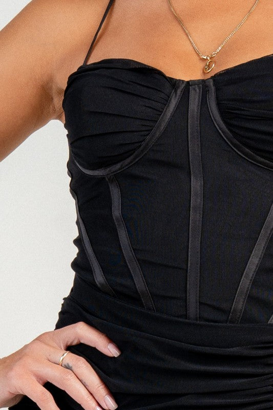 CORSET STRAPPING DETAIL FRONT SLIT MAXI DRESS