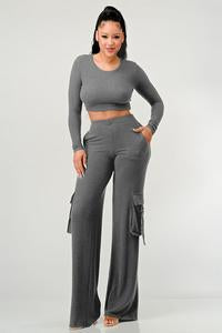 2 PIECES SET LONG SLEEVE TOP AND WIDE LEG CARGO PANTS SET