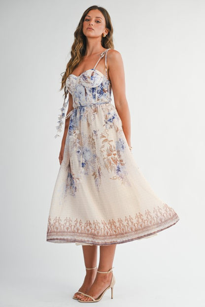 FLORAL CHIFFON TIE-STRAP MIDI SUMMER DRESS