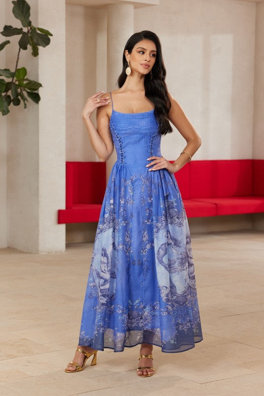 CORSET WAIST WHIMSICAL GARDEN MIDI DRESS