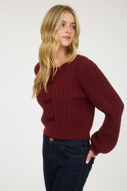 CABLE KNIT FRONT VELVET BOW DETAIL KNIT SWEATER