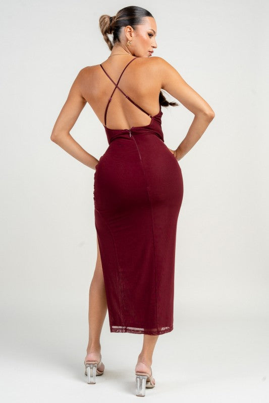 CORSET STRAPPING DETAIL FRONT SLIT MAXI DRESS