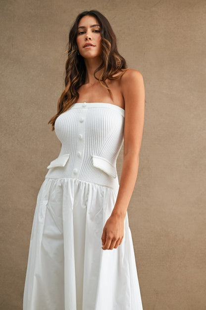 STRAPLESS RIBBED KNIT BODICE POPLIN MIX MAXI DRESS