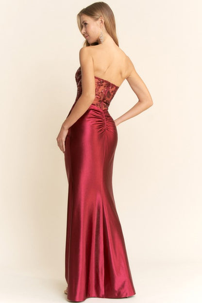 SHEER SEQUIN BODICE MAXI COCKTAIL DRESS