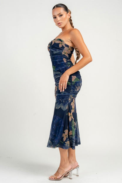 TUBE RUCHING MAXI FLARE PRINTED DRESS