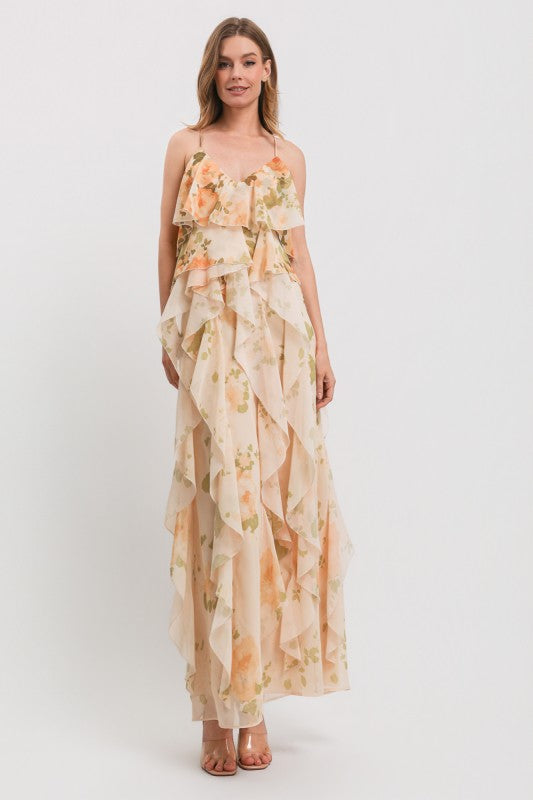 FLOWER PRINT SPAGHETTI STRAP OPEN BACK RUFFLE MAXI DRESS