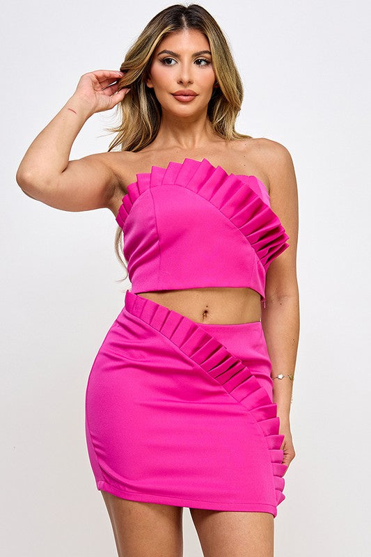 PLEATED RUFFLE TUBE TOP WITH MINI SKIRT SET