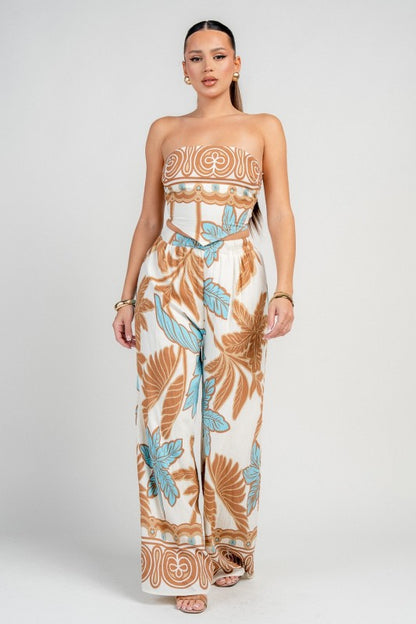 PRINTED STRAPLESS TOP AND PANTS SET