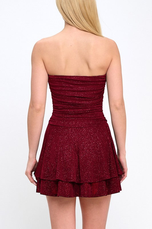GLITTER RUCHED DOUBLE LAYERED SKIRT MINI PARTY DRESS